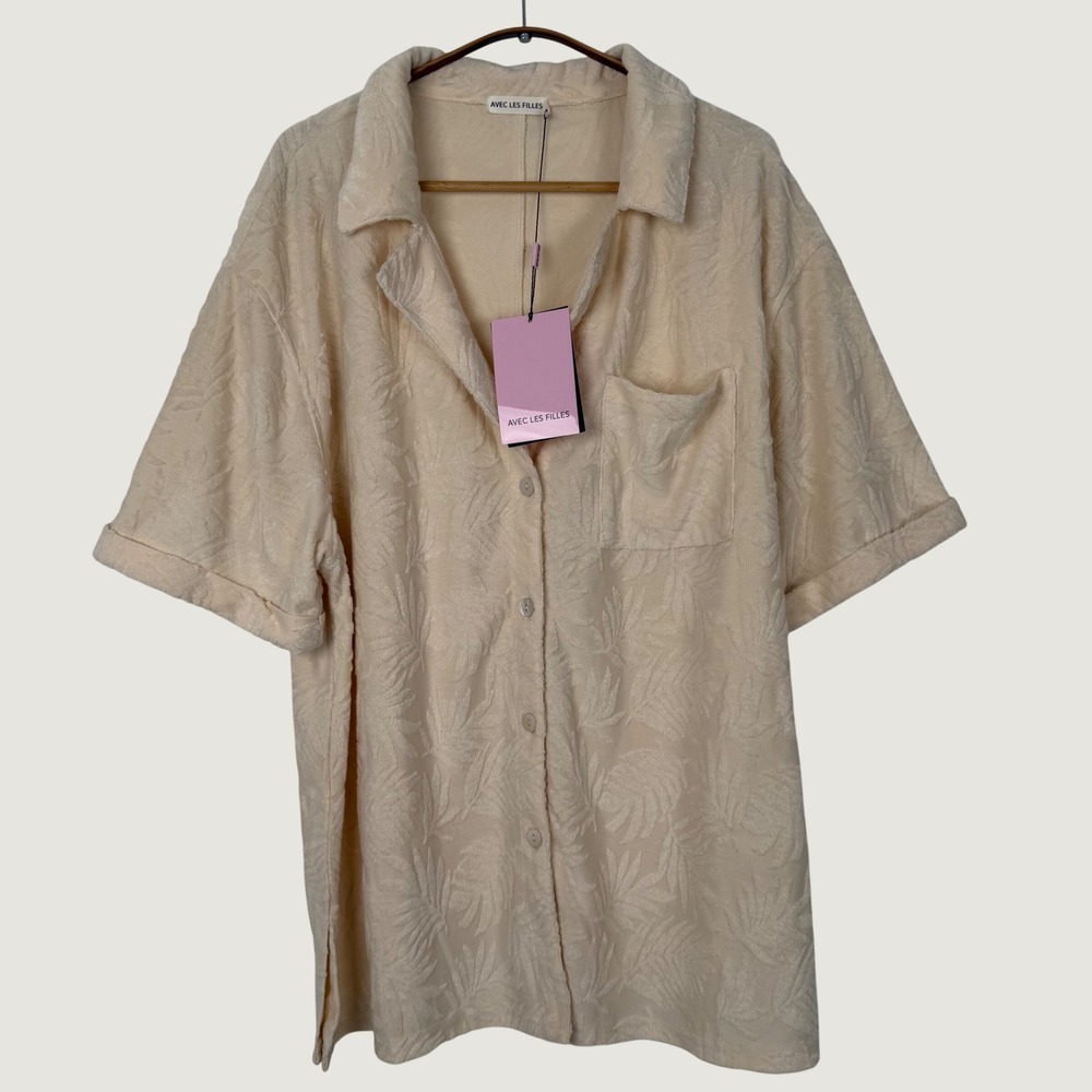 Avec Les Filles Cream Terry Cloth Palm Leaf Button Down Shirt XL NWT 83512